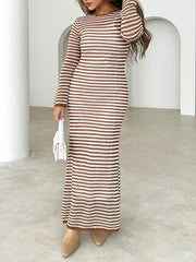 Contrast Color Striped Tied High Waisted Long Sleeves Round-Neck Sweater Dresses Midi Dresses