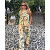 Halter Linen Casual Print Cami and Pants Set