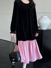 Contrast Color Pleated Ruffled Split-Joint Velvet Flared Sleeves Long Sleeves Round-Neck Midi Dresses