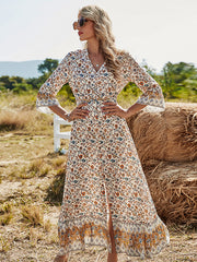 Vacation Flared Sleeves Buckle V-Neck Maxi Dress