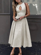 Buttoned Elasticity Pleated Solid Color A-Line Loose Round-Neck Maxi Dresses