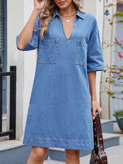 Pockets Solid Color A-line Loose Lapel Mini Dresses