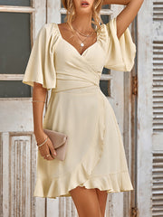 Elasticity Ruffled Solid Color Split-Joint Tied Waist Flared Sleeves Half Sleeves V-Neck Mini Dresses