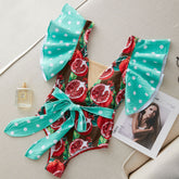 Ruffle Lace up Printed One Piece Swimsuit