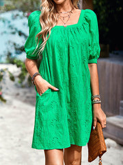Jacquard Solid Color Loose Puff Sleeves Square-neck Mini Dresses
