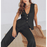Cotton and Linen Sleeveless V Neck Solid Color Two Piece Set