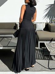 Hollow Pleated Solid Color Split-Joint Bodycon Sleeveless Mock Neck Maxi Dresses
