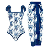 Tie-shoulder Printed One Piece Swimsuit and Sarong Flaxmaker