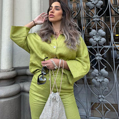 Linen Green Solid color Shirt and Pants Set