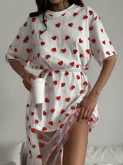 Heart Print Mesh See-Through Split-Joint Loose Short Sleeves Round-Neck Midi Dresses
