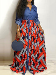 Buttoned Elasticity Printed Split-Joint Long Sleeves Loose Lapel Maxi Dresses