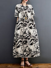 Abstract Printed Half Sleeves Loose Round-Neck Midi Dresses
