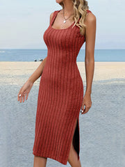 Solid Color Split-Side Striped Skinny Sleeveless U-Neck Midi Dresses