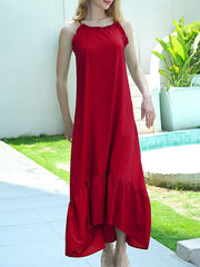 Ruffle Trim Solid Color Split-Joint Tied A-line High Waisted Spaghetti-Neck Midi Dresses