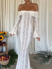 Flower Lace Splicing Striped Long Sleeves One-Shoulder Wrap Maxi Dresses