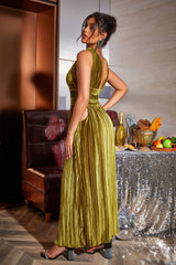 V Neck Velour Cutout Slit Dress