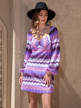 Bohemia Long Sleeves Loose Plain Striped U-Neck Mini Dress