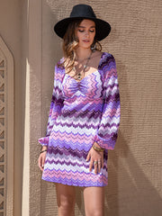 Bohemia Long Sleeves Loose Plain Striped U-Neck Mini Dress