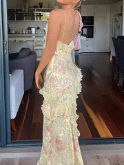 Flower Printed Gradient Sleevless Spaghetti-Neck Maxi Dresses