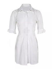 Buttoned Pleated Pockets Solid Color Split-Joint A-Line Flared Sleeves Lapel Shirt Dress Mini Dresses