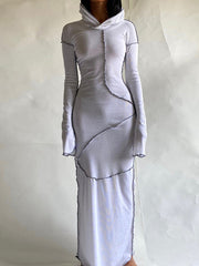 Solid Color Split-Joint Long Sleeves Plus Size Hooded Maxi Dresses