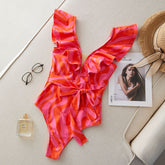 Ruffle Lace up Printed One Piece Swimsuit
