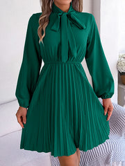 Pleated Solid Color Tied Long Sleeves Loose Mock Neck Mini Dresses