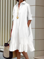 Pleated Ruffled Solid Color Split-Joint Long Sleeves Loose Lapel Shirt Dress Midi Dresses