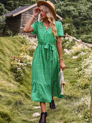 Bohemia A-Line Lace-Up Polka-Dot V-Neck Maxi Dress