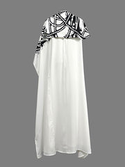 Contrast Color Printed A-Line Capelet Mock Neck Maxi Dresses