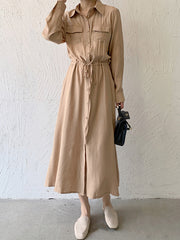Casual A-Line Long Sleeves Bandage Solid Color Lapel Collar Shirt Midi Dresses