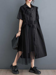 Asymmetric Buttoned Ruffled Solid Color Split-Joint A-Line Half Sleeves Lapel Shirt Dress Midi Dresses