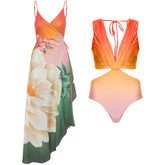 Flaxmaker Color Block Gradient Cutout One Piece Swimsuit and Cover Up