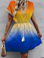 Elasticity Gradient Hollow Split-Joint Tasseled Tied Waist A-line Loose V-neck Mini Dresses