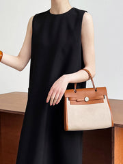 Pockets Solid Color Split-Back Zipper High Waisted Loose Round-Neck Midi Dresses