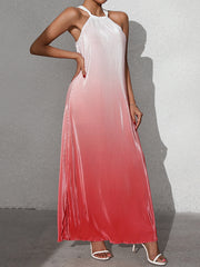 Gradient Pleated A-Line Loose Halter-Neck Maxi Dresses