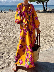 Flower Print Pockets Tied Waist A-Line Long Sleeves V-Neck Maxi Dresses