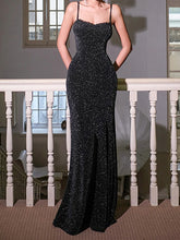 Shiny Lace Spaghetti-Neck Mermaid Evening Maxi Dresses In Black