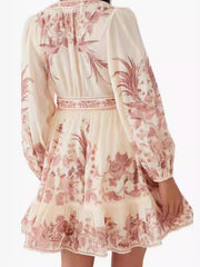 Flower Printed Ruffled Long Sleeves Elegant Mini Dresses