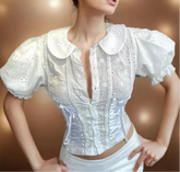 White Embroidery Lace Peter Pan Collar Short Sleeve Top