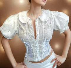 White Embroidery Lace Peter Pan Collar Short Sleeve Top