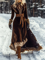 Velvet Patchwork Wool Long Sleeve Retro Maxi Dress