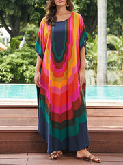 Contrast Color Printed Sun Protection Batwing Sleeves Loose Round-Neck Maxi Dresses