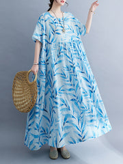 Leaf Pleated Printed Split-Joint Loose Short Sleeves Round-Neck Midi Dresses