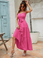 Bohemia High Waisted Solid Color U-Neck Dress