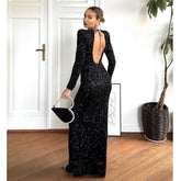 Sequin Backless Long-sleeved Party Dress