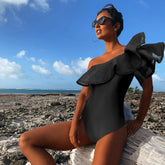 One Shoulder Ruffle Solid Black One Piece Swimsuit