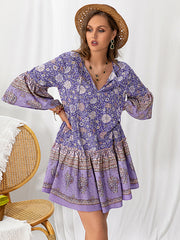 Bohemia Loose Flared Sleeves Floral Printed V-Neck Mini Dresses