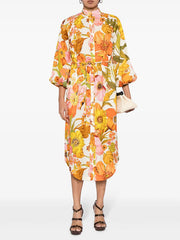 Flower Printed Three-Quarter Sleeves Elegant Midi Dresses