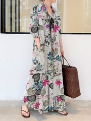 Printed Split-Joint Loose Plus Size Lapel Shirt Dress Maxi Dresses